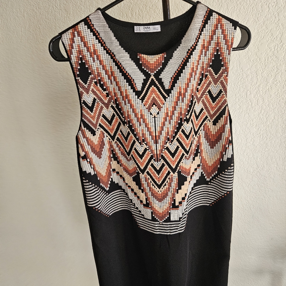 ZARA Rubberized Aztec Print Sleeveless Dress - Size M